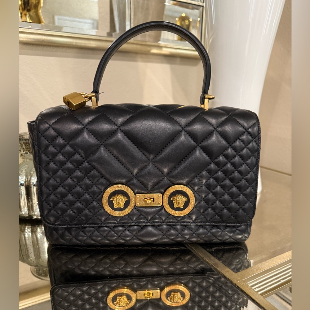 Versace Black Quilted Shoulder Bag with Gold Medusa Accents